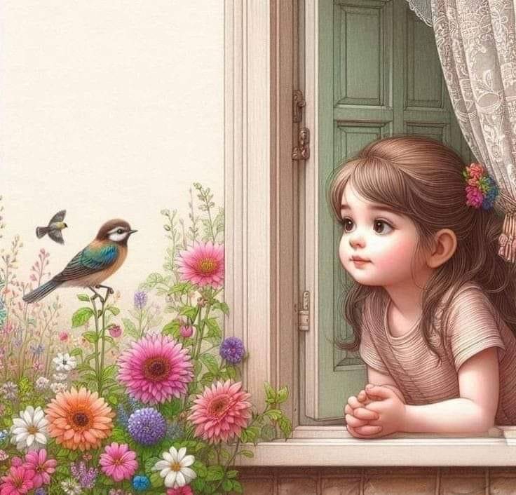 Children on a Window with Flower & little birds